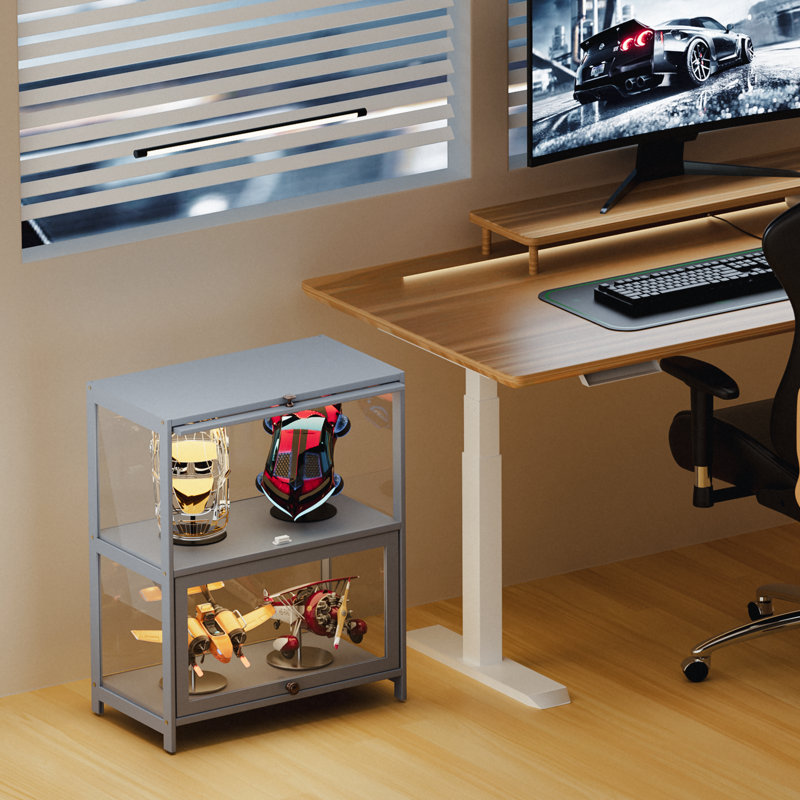2-Tier Display Cabinet With Flip Up Door, Curio Cabinet Collection Display Case Showcase Bookshelf