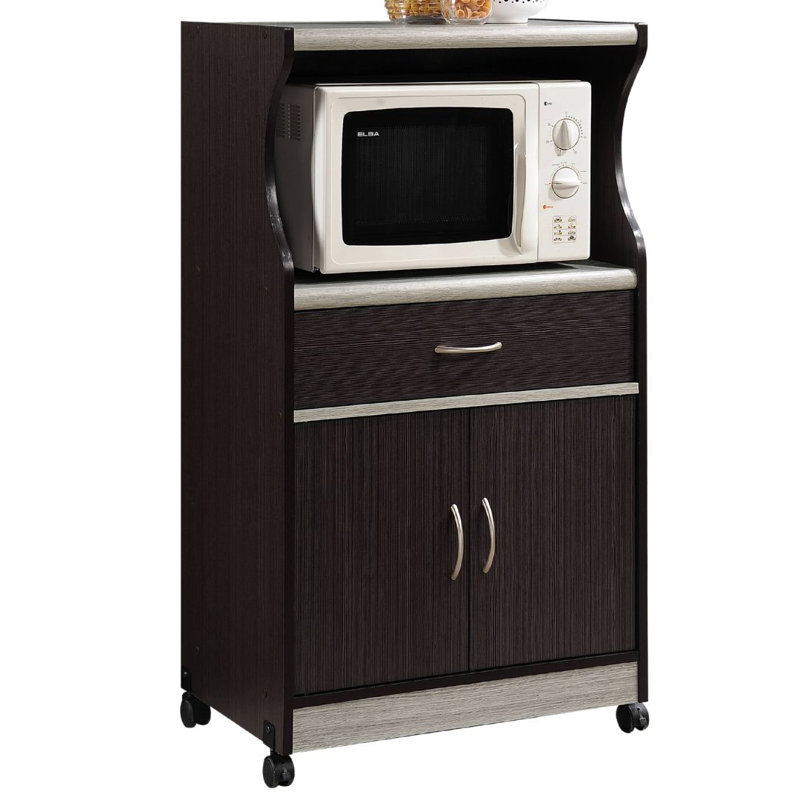 Rolling Kitchen Cart with  Microwave Shelf, Utensil Drawer, Interior Cabinet Storage Space and Locking Wheels, Chocolate