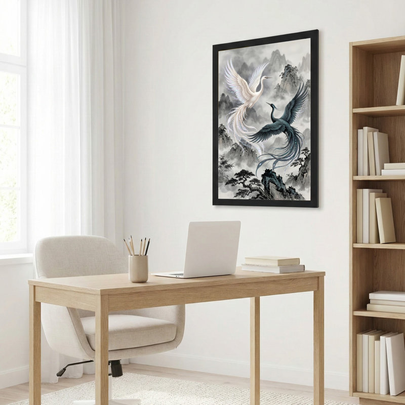 Art mural sur toile noir encadré pour le salon, la chambre à coucher, le bureau ou le vestibule - décoration murale décorative avec grue Phoenix