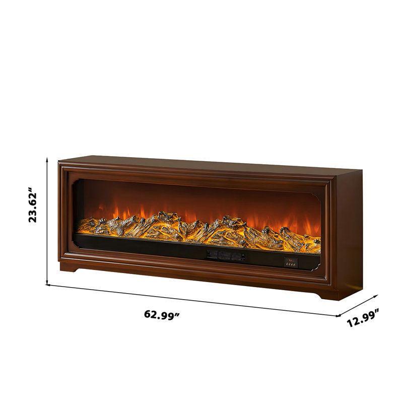 Console 62 po avec foyer électrique en bois massif brun et faux flamme réaliste, 23.62" H x 62.99" W x 12.99" D, Brown