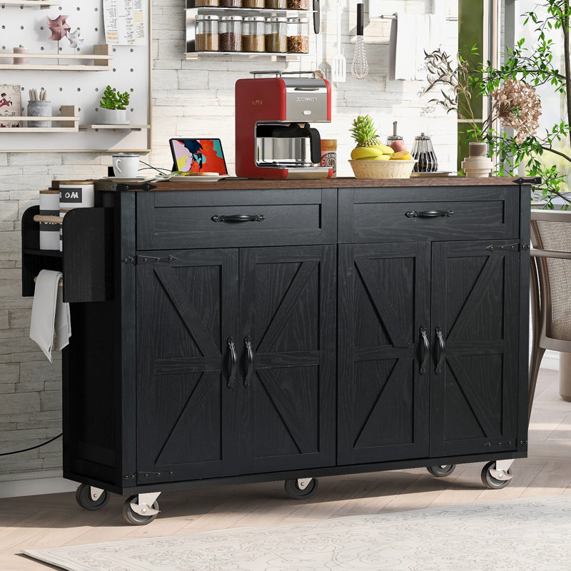 Durarte 53.5"W Kitchen Island, Locking Wheels, Drop Leaf, Manufactured Wood, White