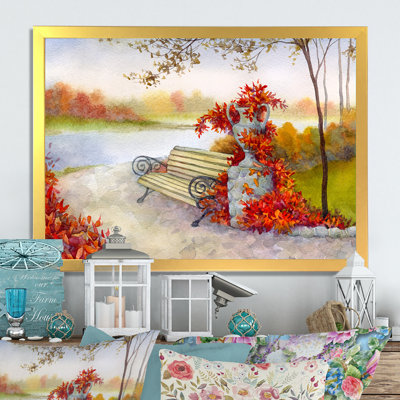 «Romantic Bench in Autumn Park», reproduction de cadre photo sur toile