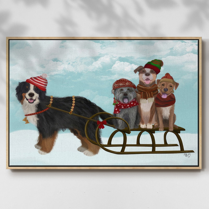 «Christmas Mutt Sled», reproduction sur toile, H 17 po x l 25 po x P 1,5 po, Encadré naturel