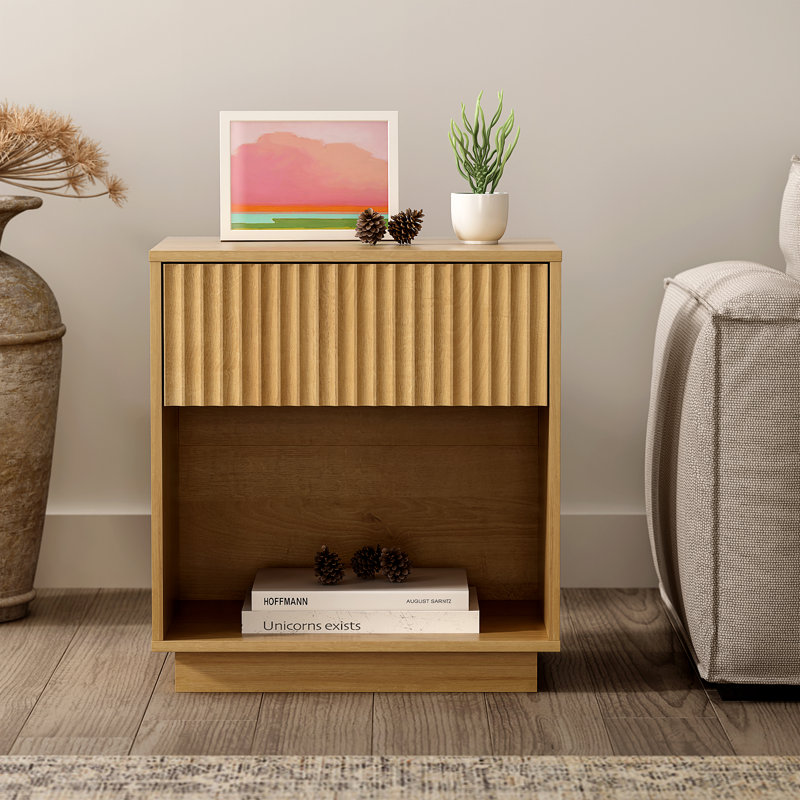 Wooden Nightstand With 1 Drawer & Open Cubby - Compact Bedside Storage, Individual, Oak