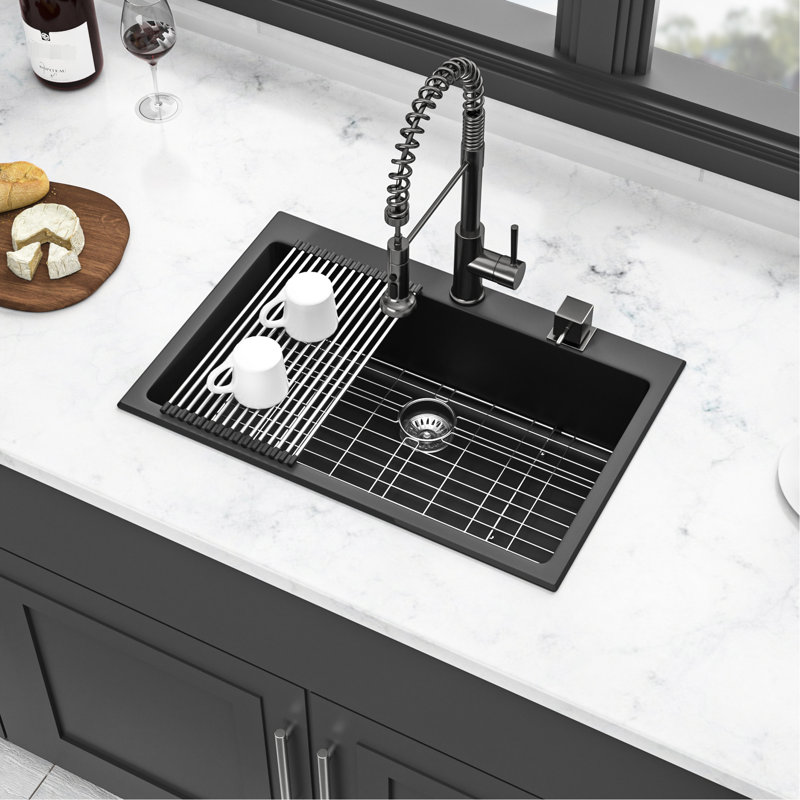 33X22" Black Quartz Composite Sink, Strong And Cleanable Sink 33X22", Granite Look, Silent