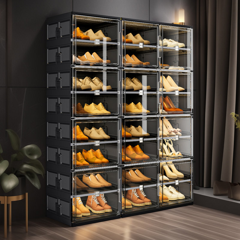 Armoire de rangement à chaussures à 10 colonnes à deux niveaux avec portes magnétiques noires, 20