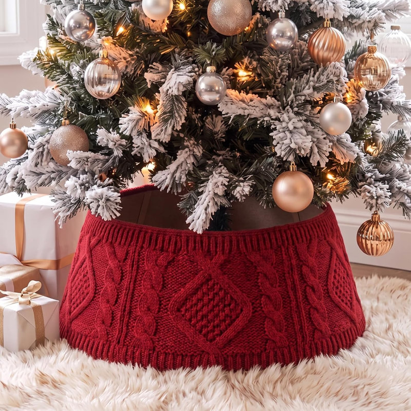 Rustic Cable Knit Christmas Tree Collar 28 x 23 Inch, Foldable Farmhouse Tree Base Cover with Hook and Loop Closure