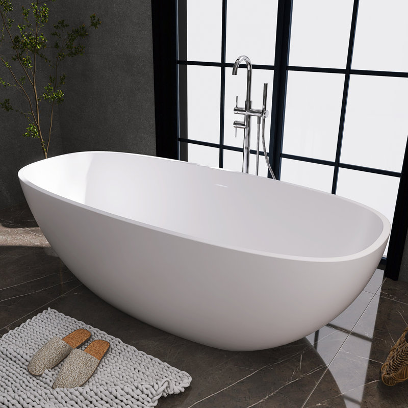 66 po. X 29 po. Baignoire de trempage autoportante à surface solide avec drain central en blanc mat