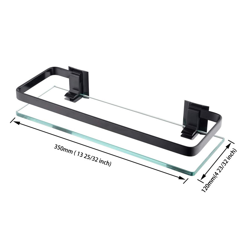 Bathroom Glass Floating Shelf with Rail Wall Mounted Shower Caddy, Black
