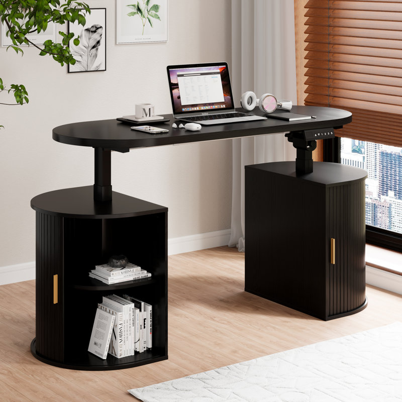 63'' Electric Standing Desk With Storage, Height Adjustable Computer Desk With Sliding Tambour Door For Home Office, Black