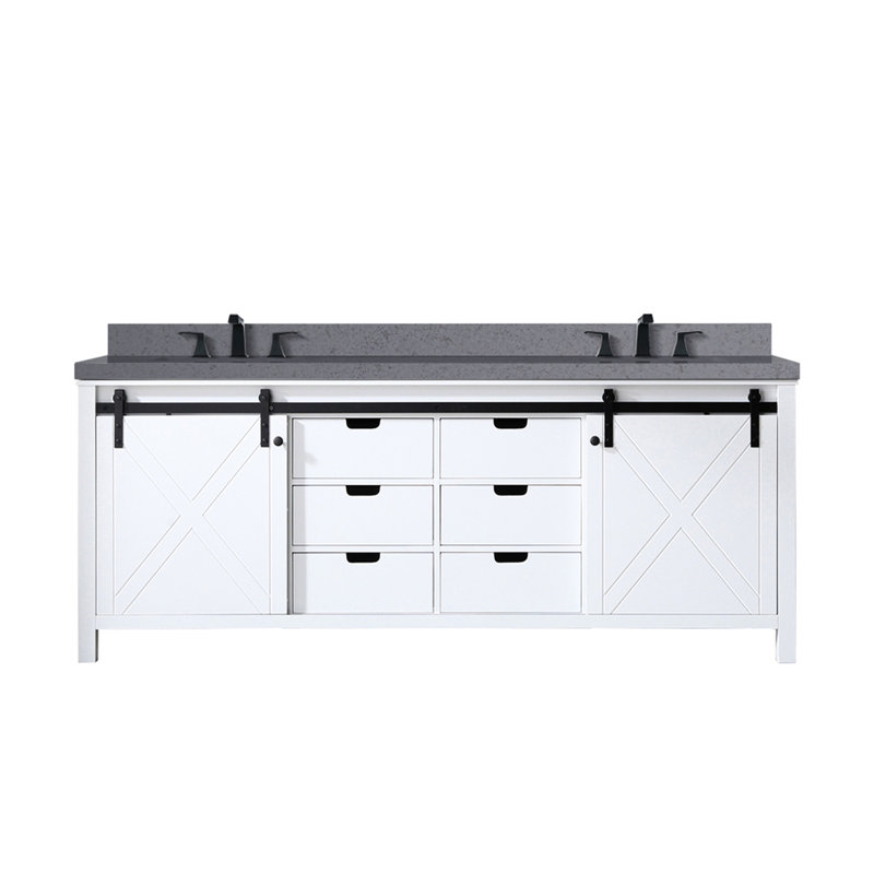 Meuble-lavabo double 84 po W - Blanc avec comptoir en quartz gris et robinet à fermeture en douceur pour un fonctionnement silencieux et en bois 86,88 x 21,55 po et noir mat spacieux