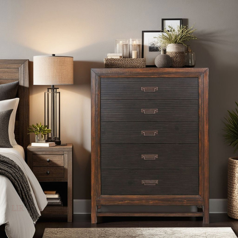 Five-Drawer Chest, No Assembly Required, Two-Tone Finish, Black Dresser, Wood Dresser, Modern Dresser, 5 Drawer Dresser
