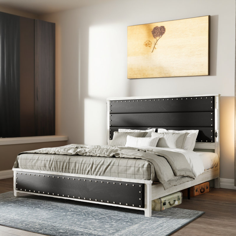 Ama Maker Bed Frame Headboard & Footboard & LED Lights & USB Charging Port,Black, King