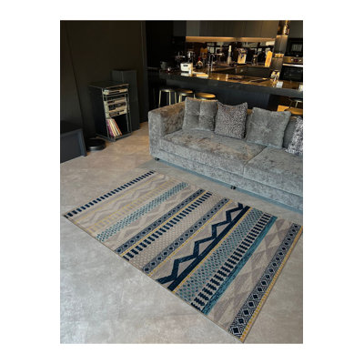 Tapis traditionnel lavable à rayures bleues et grises
