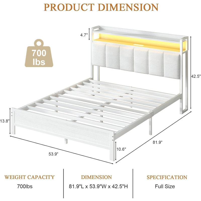 Bed Frame with Storage Headboard, Upholstered Platform Bed with Charging Station and LED Lights, Heavy Duty Metal Slats, Full