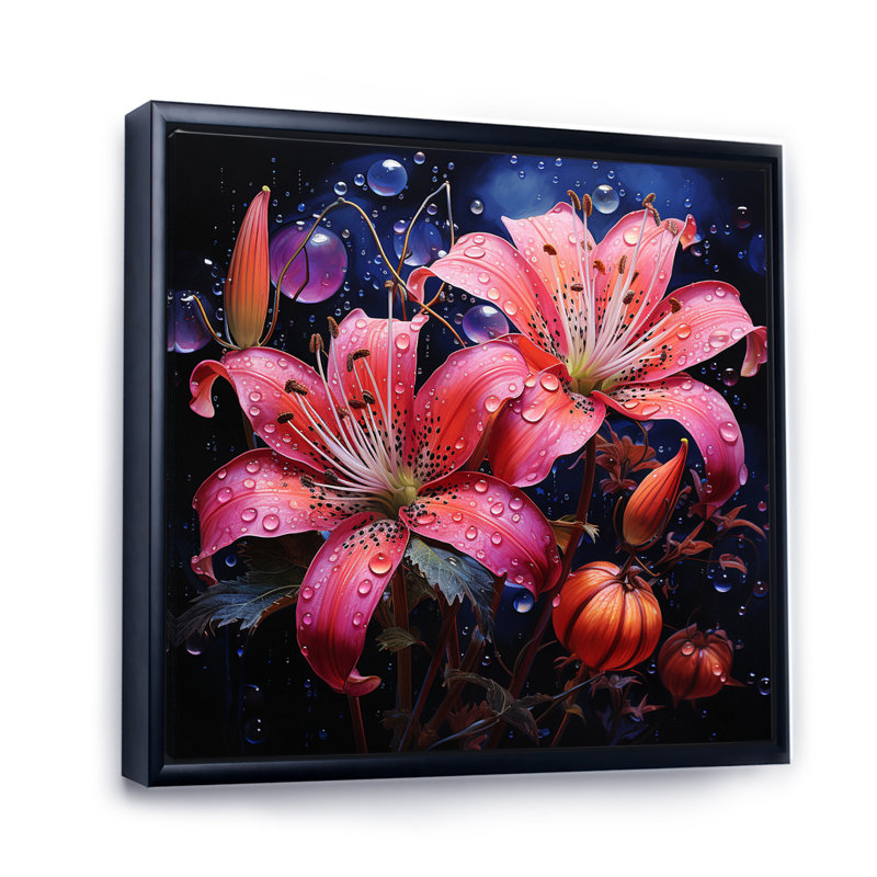 Rose et mauve fuchsia fantaisie III - impression, H 30 po x l 30 po x P 1 po, Cadre flottant noir