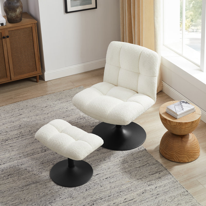Upholstered Tufted Swivel Accent Chair With Ottoman, Height Adjustable Lounge Chair, Beige Terry Cloth