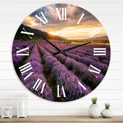 Sunrise & Dramatic Clouds Over Lavender Field VI - Farmhouse Wall Clock