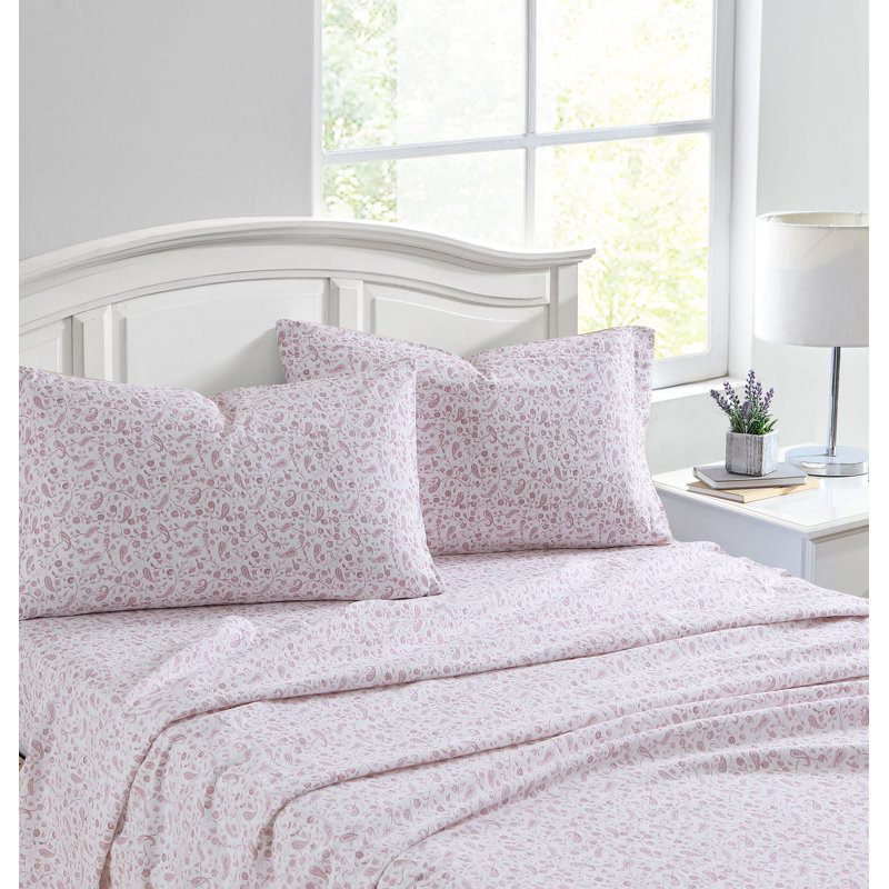 Ensemble de draps en flanelle de coton brossé, Ensemble de draps pour grand lit avec 2 taies d'or, Cachemire rose Prance