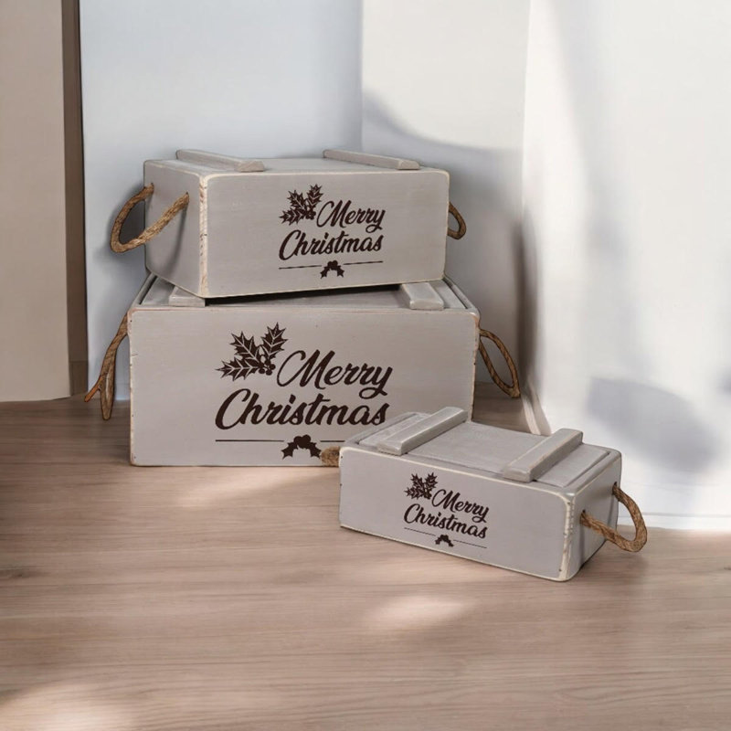 Annalin 3 Piece Handmade Wooden Decorative Box Set, Grey