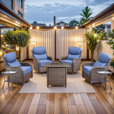 Ensemble de meubles de patio en résine tressée avec foyer, table pivotante en rotin de polyéthylène avec table de foyer au propane, ensemble de conversation en osier brun 7 pièces