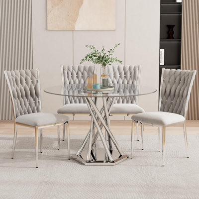 Ensemble de table de salle à manger ronde en verre de 47,2 po pour 4, 5 pièces, ensemble de table de salle à manger ronde en verre transparent avec 4 chaises rembourrées en velours, pour la cuisine, la salle à manger, l’appartement