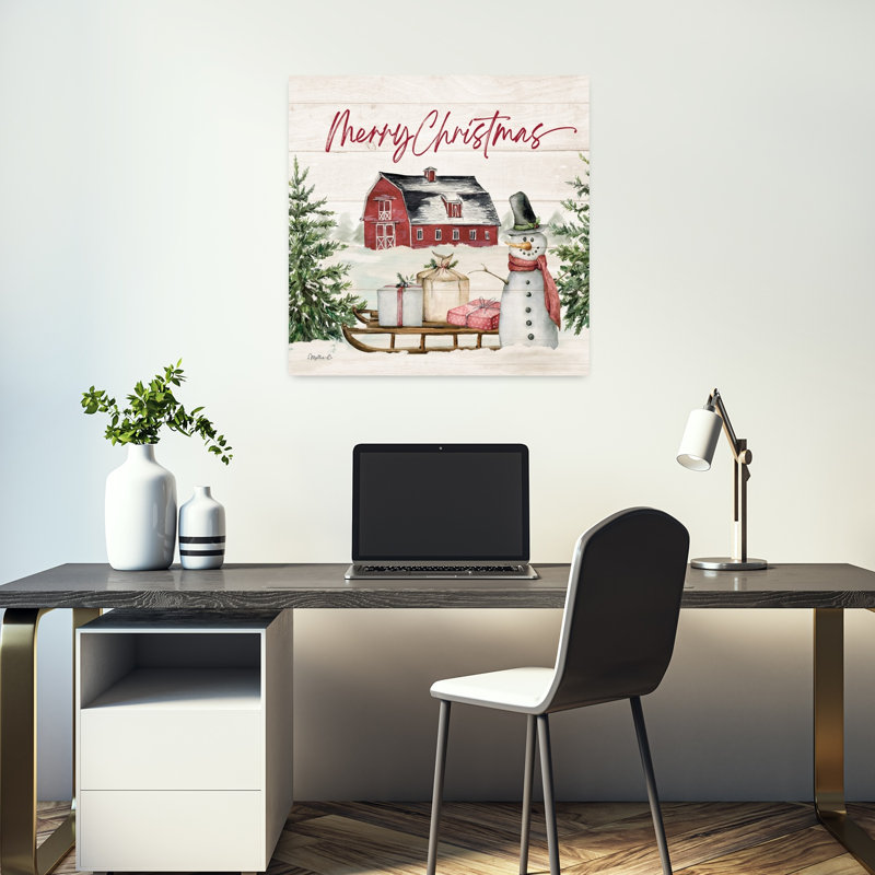«Merry Christmas Farm», art contemporain de paysage d'hiver abstrait, H 18 po x l 18 po