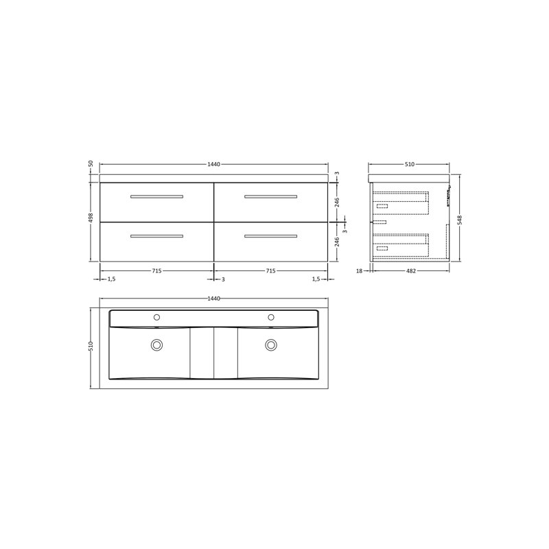 Quartet 1440mm Double Bathroom Vanity with Integrated Polymarble Basin, Grey Gloss