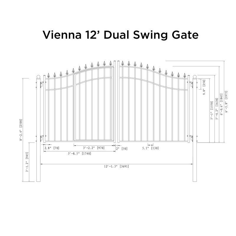 Vienna Style Black Steel Dual Swing Driveway Gate with Pedestrian Door