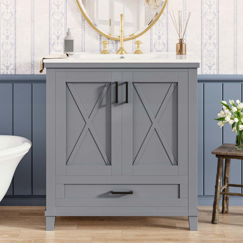Meuble-lavabo de 30 po avec lavabo, deux tablettes de rangement et amplement d'espace de rangement, Gris