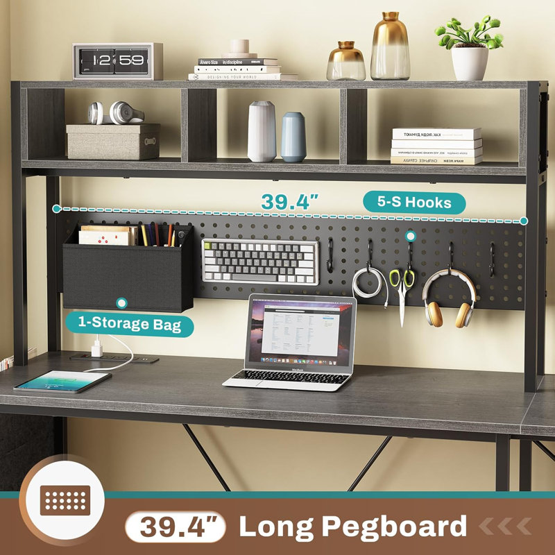 L Shaped Gaming Desk With Hutch, 57.5” Reversible Corner Computer Desk With Storage Shelves, Gaming Desk With Pegboard, Led Lights, Power Outlet, Keyboard Tray