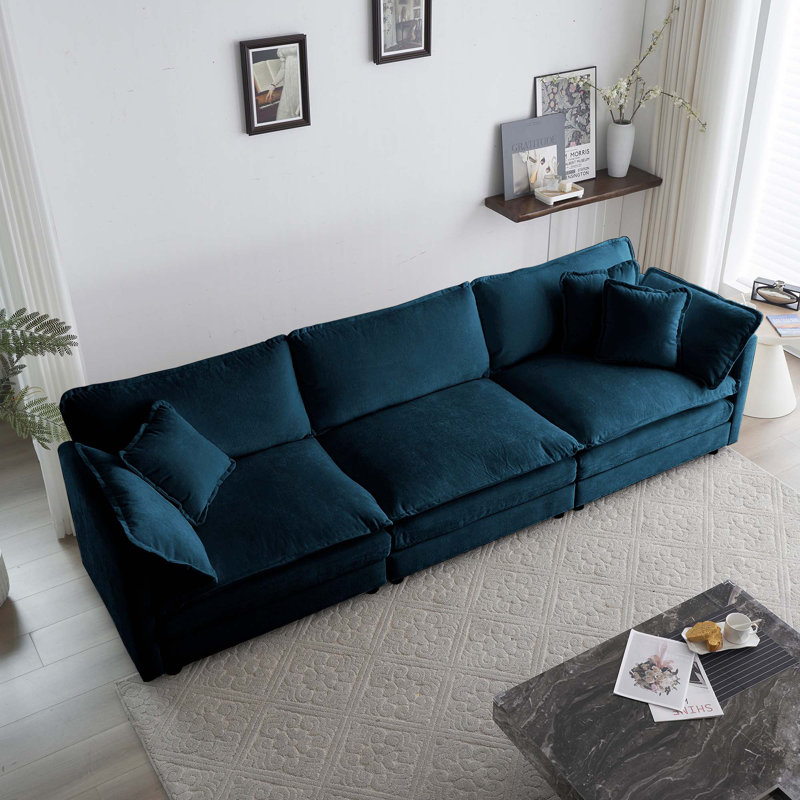 Canapé 3 places Mid-Century moderne avec 2 accoudoirs et 3 coussins décoratifs, Bleu