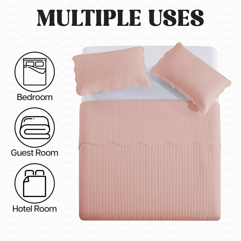 Embossed Quilted Bedspread Set – Soft Microfiber Coverlet With Pillow Shams, Hotel-Style Bedding For High Beds, Peach