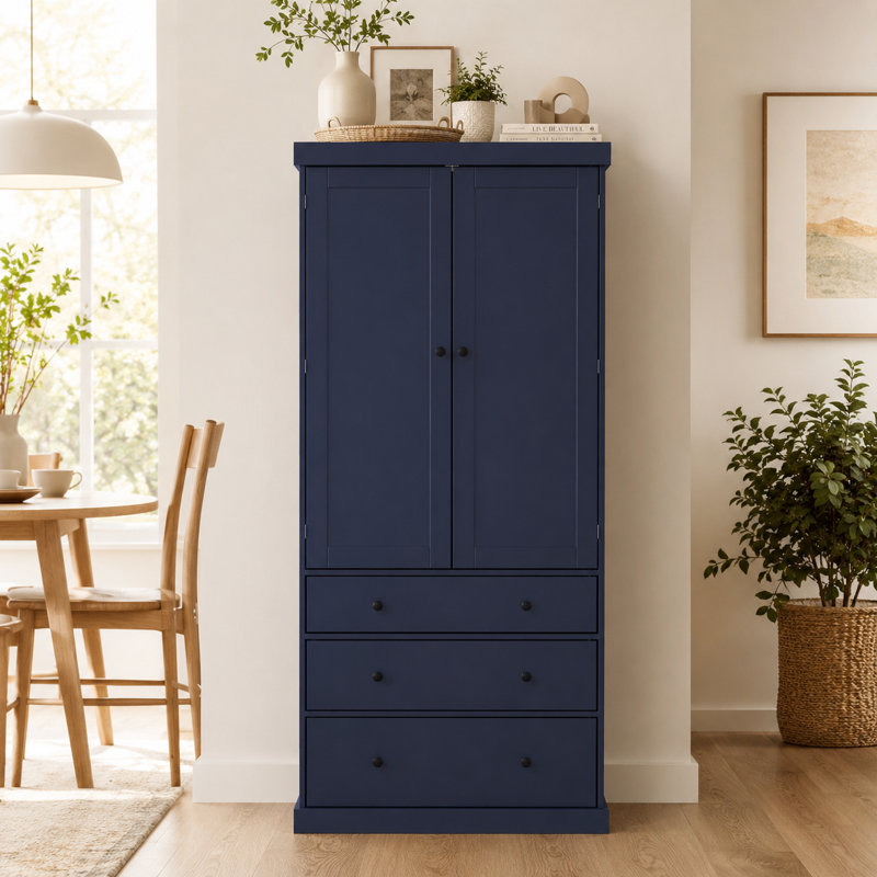Garde-manger Daschel de 77 pouces de style ferme avec 3 tablettes réglables, 8 étagères à portes et 3 tiroirs, Bleu