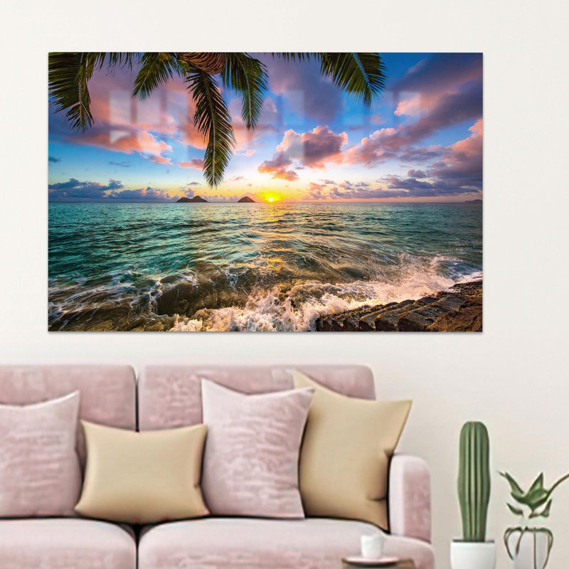 Kailua Sunrise, paysage de mer minimaliste avec style boho pour décoration murale en verre, H 31,5 po x l 47,2 po