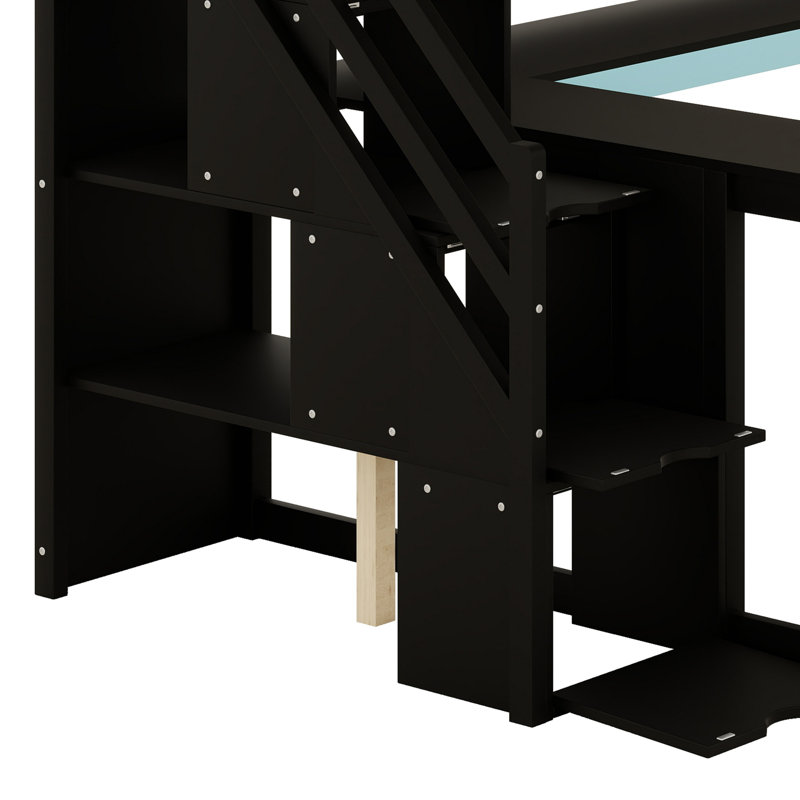 Lit mezzanine pour jouer avec escalier de rangement, bureau, tablettes et panneau perforé, Double, Noir / Bleu