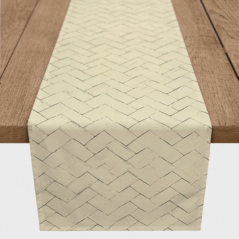 Aziya Rectangle Geometric Polyester Table Runner, 90" L x 16 D, Cream