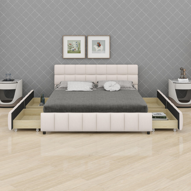 Lit tapissier moderne avec tête de lit capitonnée en bloc, lit plateforme et quatre tiroirs de rangement pratiques, Beige