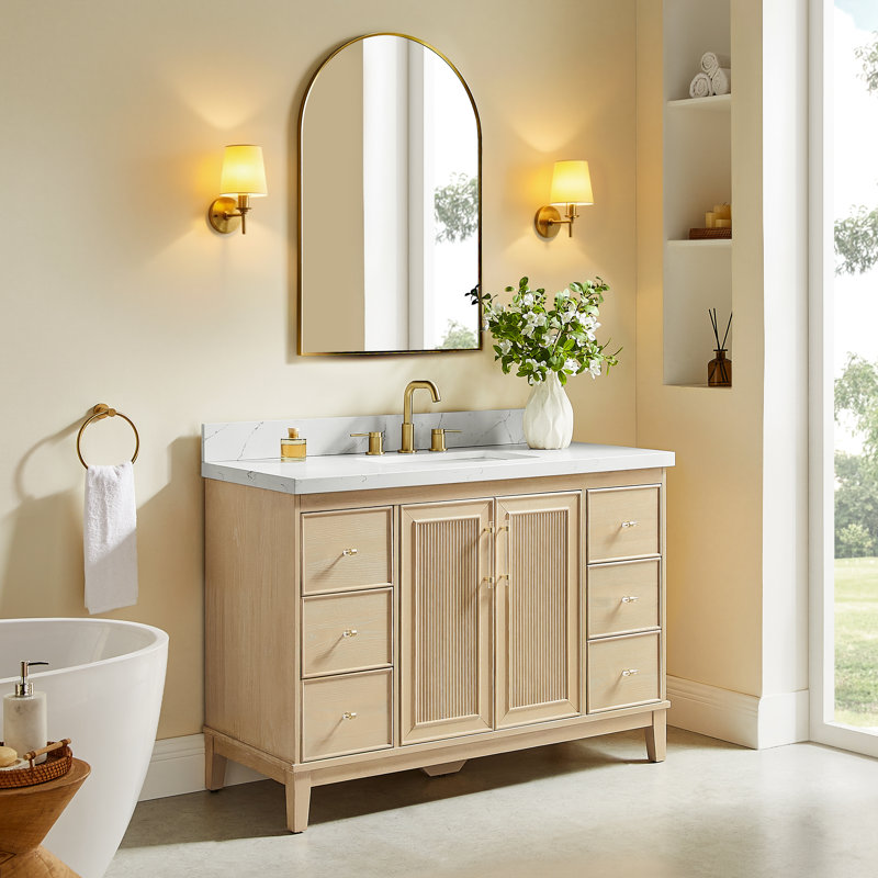 Ensemble de meuble-lavabo simple 48 po avec plateau en quartz Sianni, Chêne blanchi