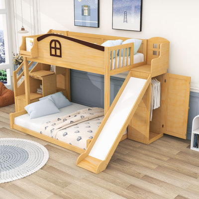 Twin over Full Bunk Bed with Slide, Storage Staircase, and Wardrobe