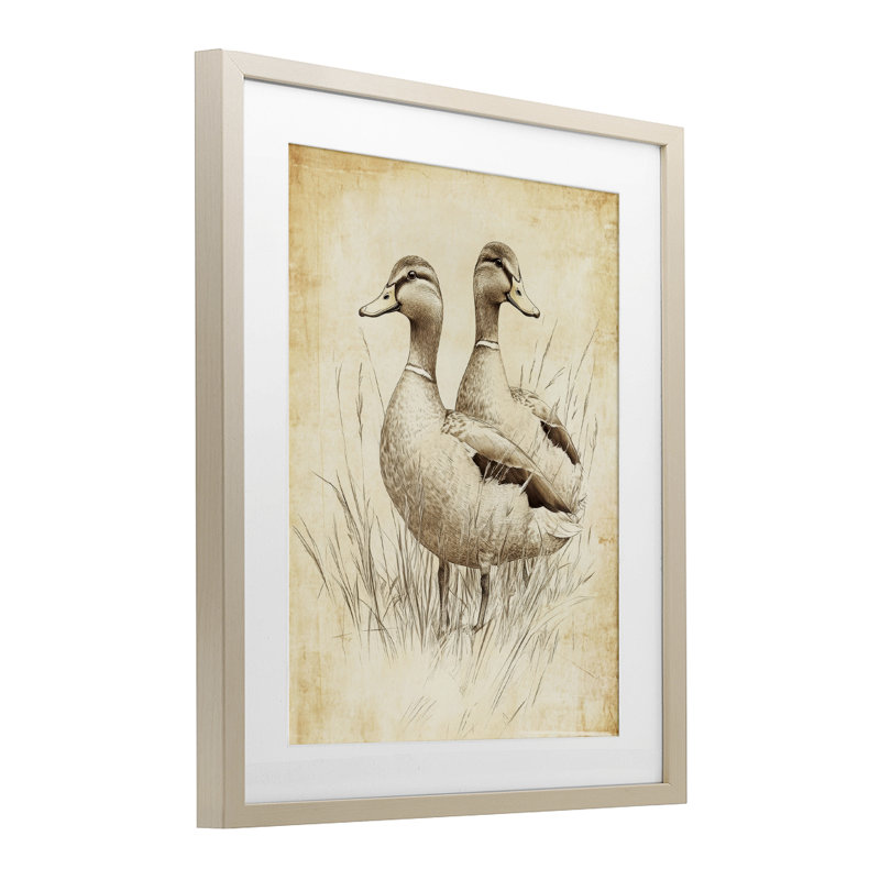 Paire de canards, reproduction rétro sous verre, design par Petal Prints Design, H 21 po x l 17 po, Cadre de récolte en pin