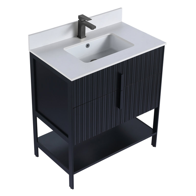 Meuble-lavabo moderne avec plateau en pierre Serenity, Noir mat / noir, 30", Pierre artificielle blanche