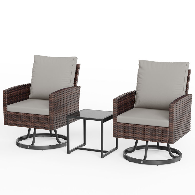 Ensemble de conversation en osier pivotant pour 2 personnes avec table d'appoint, Gray, Brown