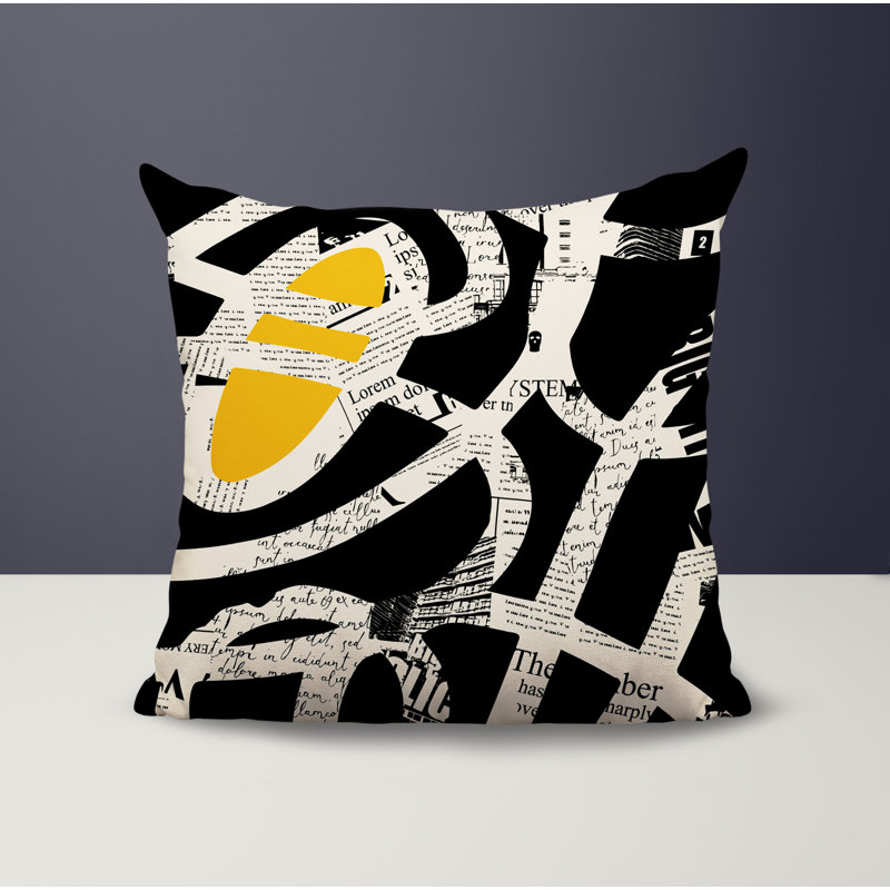 Oreiller carré réversible intérieur / extérieur Kaya, H 15 po x l 15 po, Jaune / noir / blanc cassé abstrait