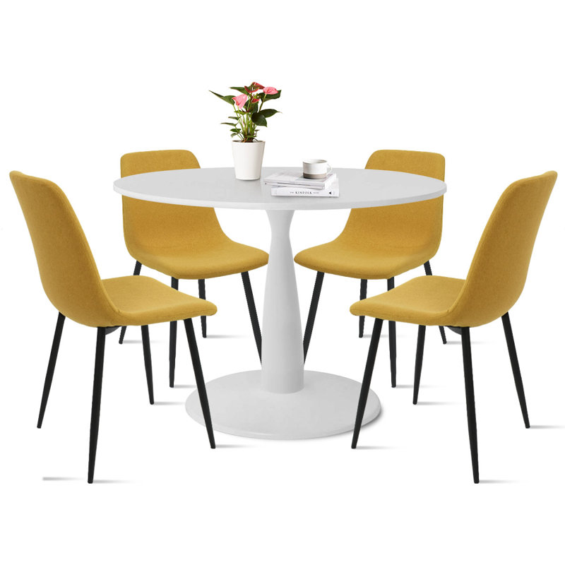 Ensemble de table de salle à manger 4 personnes Fahie avec table ronde de 35 po et 4 chaises rembourrées en tissu, Jaune