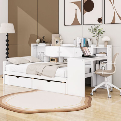 2 Drawers Wood Daybed with Built-in-Desk and Bookcase