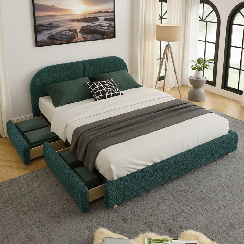 Très grande base de lit tapissier avec tête de lit courbée et rangement sur roulettes, Très grand lit, Gris foncé