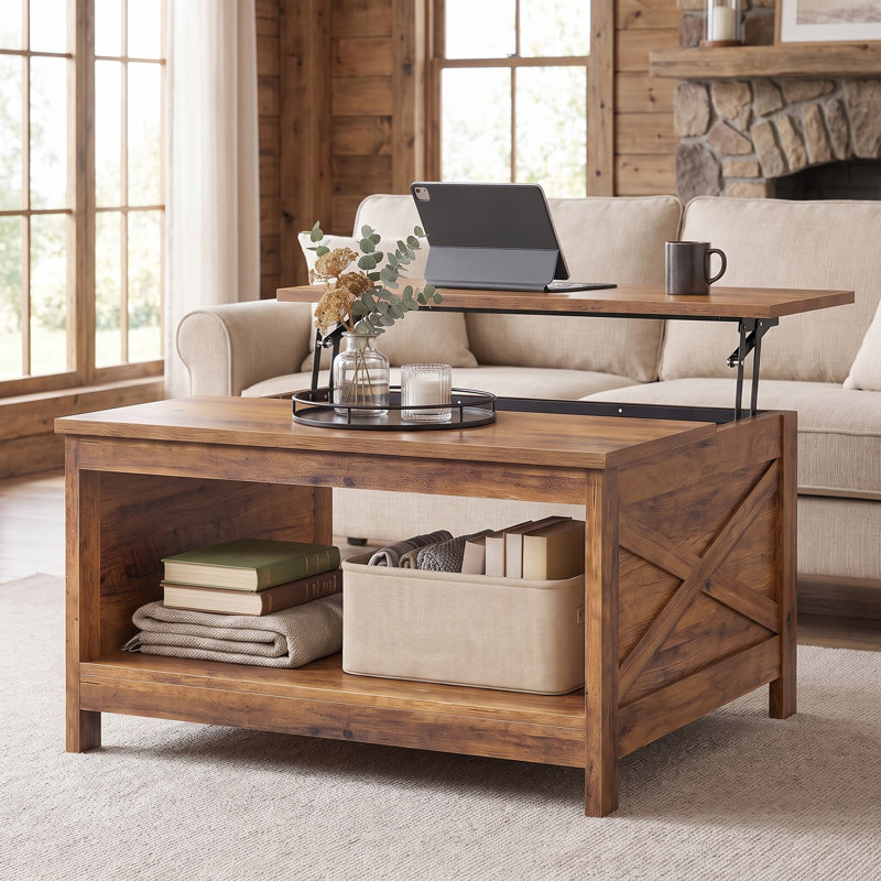 Table basse à plateau relevable Farmhouse, Noyer, Open cubby