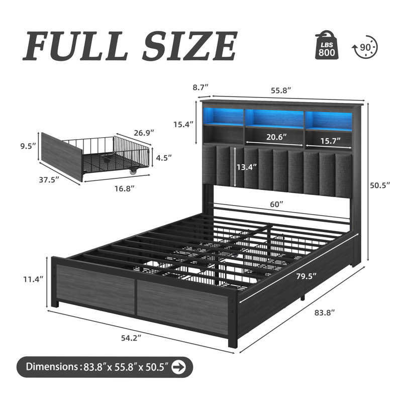 Rustic Brown 4-Drawer Bed Frame with Lights，Full Size, Full, Rustic Brown