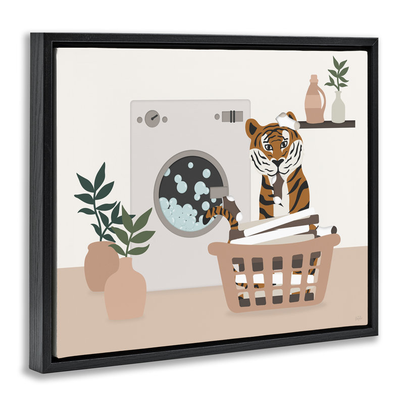 Tigre dans un panier à linge, Cadre flottant noir de jais, H 17 po x l 21 po
